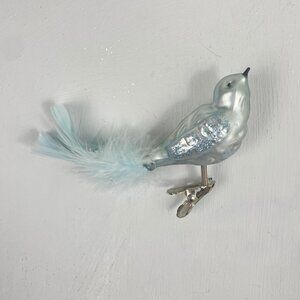 Christmas Ornament Bird Blue Glitter Feather Tail Clip On Holiday Tree Decor